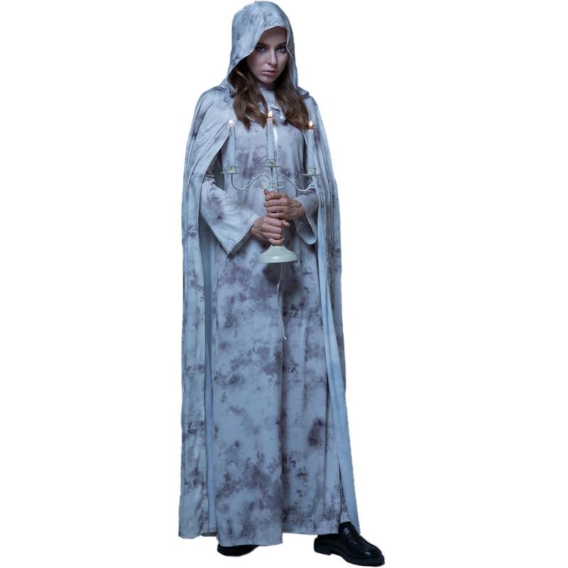 Halloween Costume Ghost Bride Dress Grey Cape Long Sleeve Dress Ghost Cosplay Dress