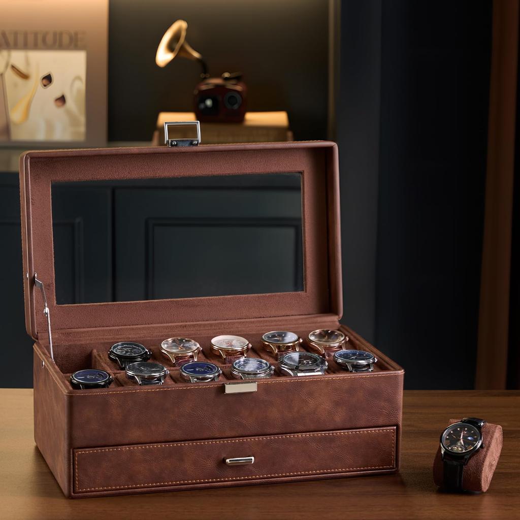 ProCase Watch Holds 12 Large Transparent Storage Jewelry with Glass Lid for Display Case, Watches, Capacity, 2-Tier, Top, Multi-Function Box,