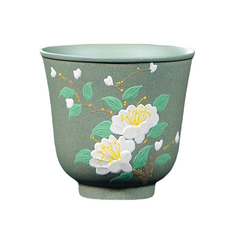 

110ml Yixing Zisha Handmade Inlaid White Peony Teacup Antique Tea Bowl Jug Tea-tasting Personal Cup Chazhan Master Cups Cafes