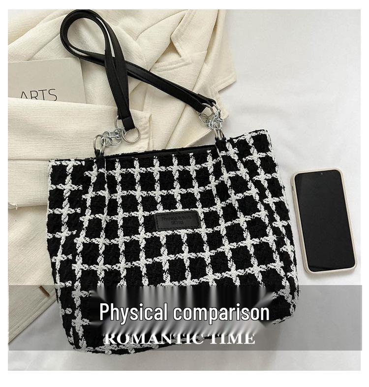 2023 Karierter Woll-Tote: Herbst/Winter Damen Vielseitige Schulter-Eimer-Tasche, Große Kapazität