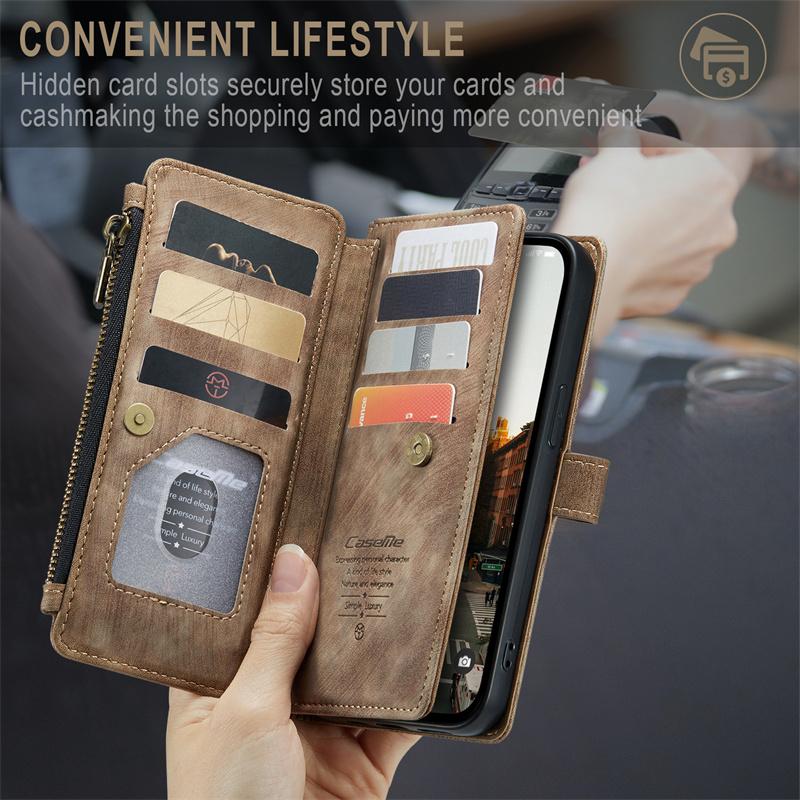 CaseMe Flip Leather Phone Case For iPhone 17 Pro Max 16 Plus 15 14 13 12 11 XS XR X Samsung S26 S25 FE S24 Ultra S23 S22 S21 Zipper Wallet Cards Cover