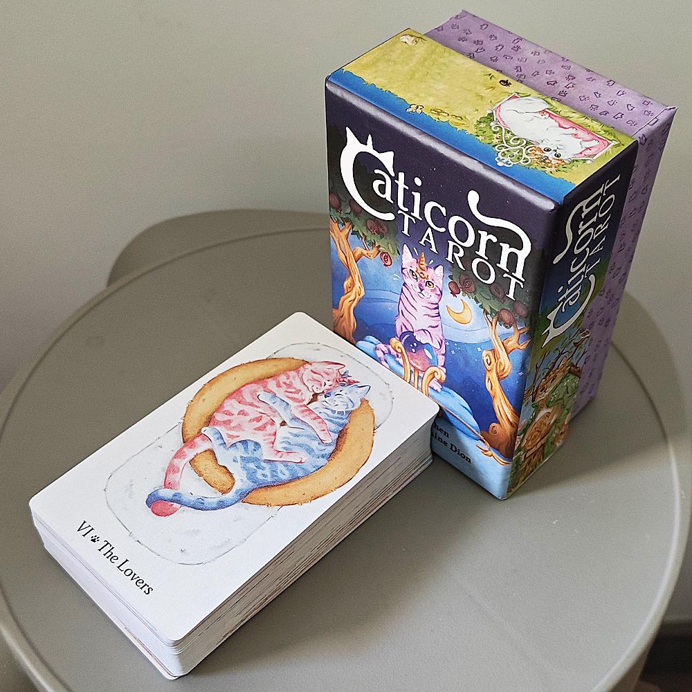 Caticorn Tarot Deck In Rigid Box, 78 Whimsical Watercolor Cat Cards 12*7cm Double-embossed, Indie Deck for Cat Enthusiasts