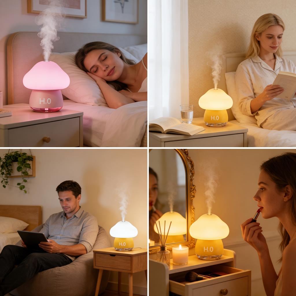 Cute Mushroom USB Humidifier, 7 Color Changing LED Night Light Mini Ultrasonic Mist Humidifier, Quiet Desktop Air Moisturizer for Bedroom Office