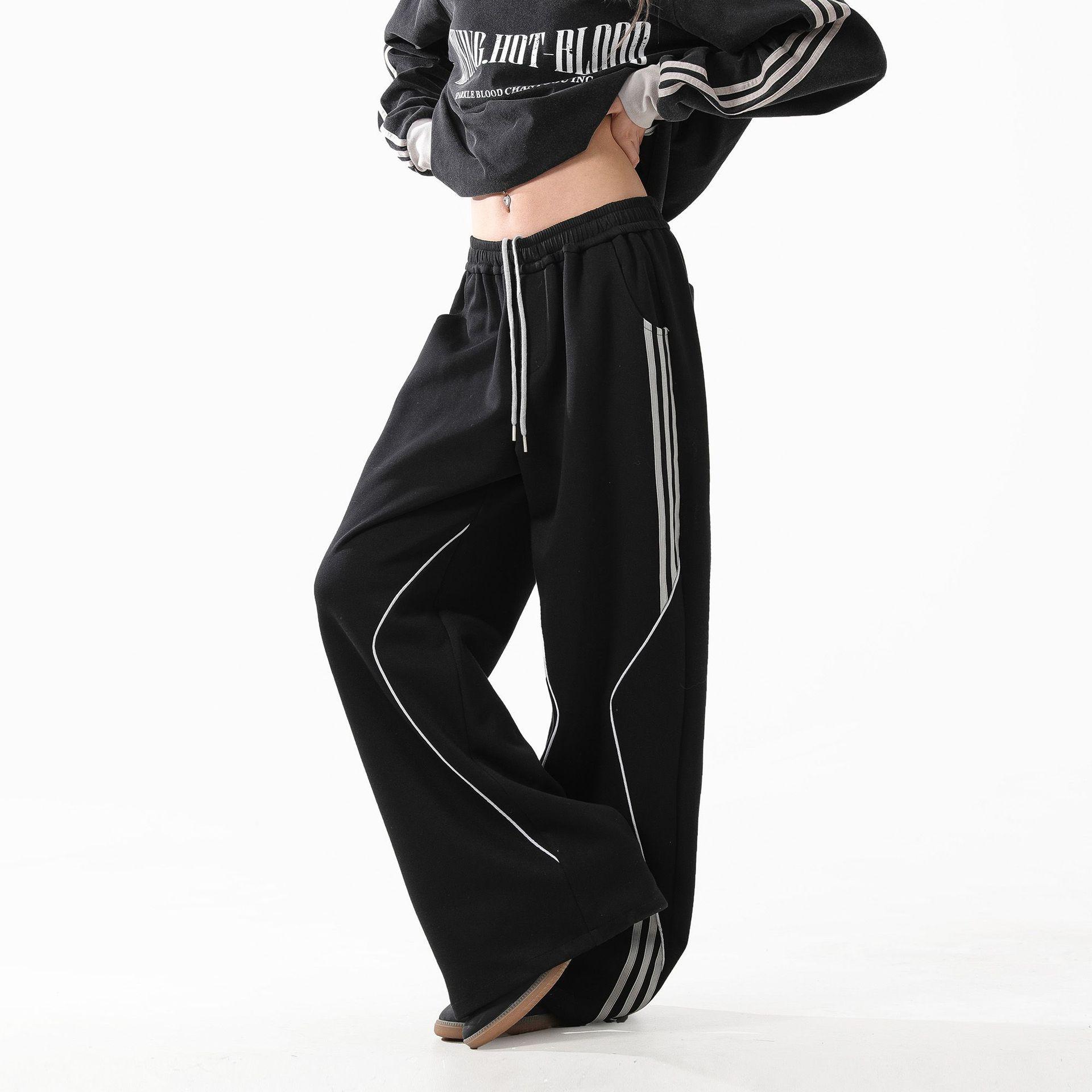 

Полосатые плотные спортивные брюки унисекс: Свободный, повседневный, новый весенний стиль Medium чёрный