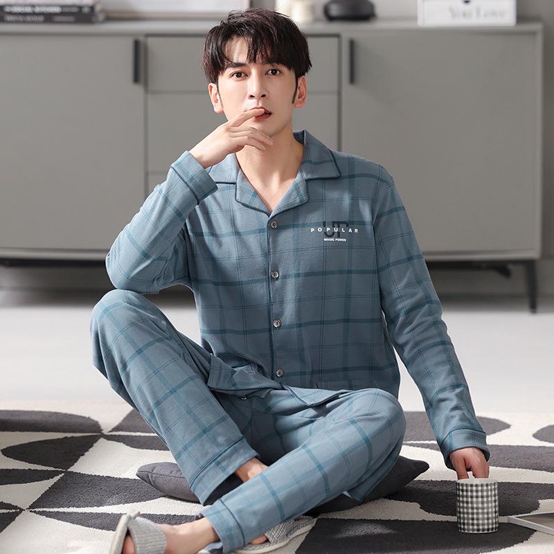 Herren Herbst/Winter Baumwoll-Pyjama-Set - Gestreiftes Karomuster Strickjacke & Langarm Zweiteiler