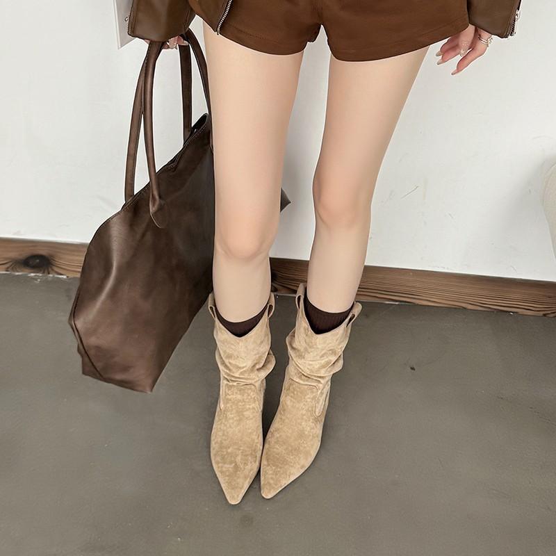 European and American style pointed-toed pleated piled boots women's 2025 autumn fine-heeled short denim bare boots high-heeled temperament short boot
