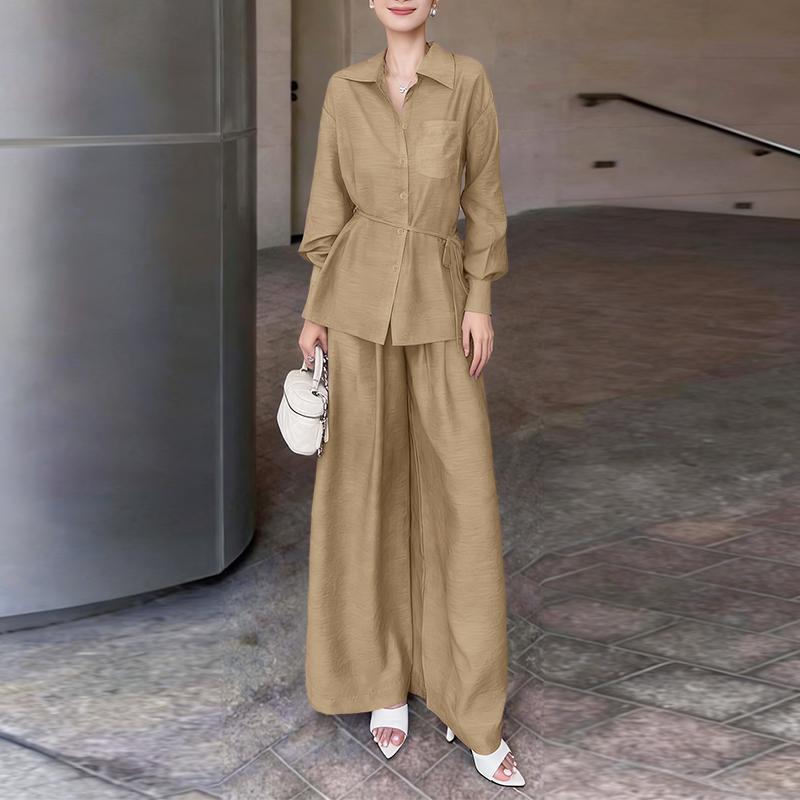 ZANZEA Bluzka z długim rękawem i spodnie damskie, casualowe dwuczęściowe zestawy garniturowe