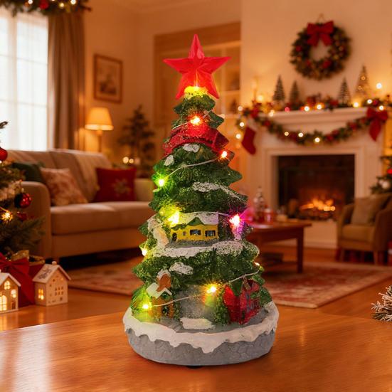 Brad de Crăciun muzical iluminat, cu baterii, brad de Crăciun de masă, cutie muzicală cu lumini multicolore pentru decor de sărbători pentru casă, birou