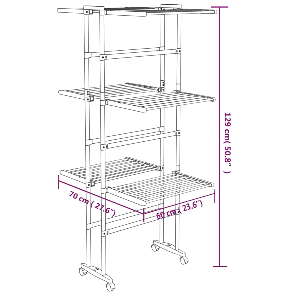 3 Tier Clothes Drying Rack with Wheels Silver 60 X 70 X 129 Cm