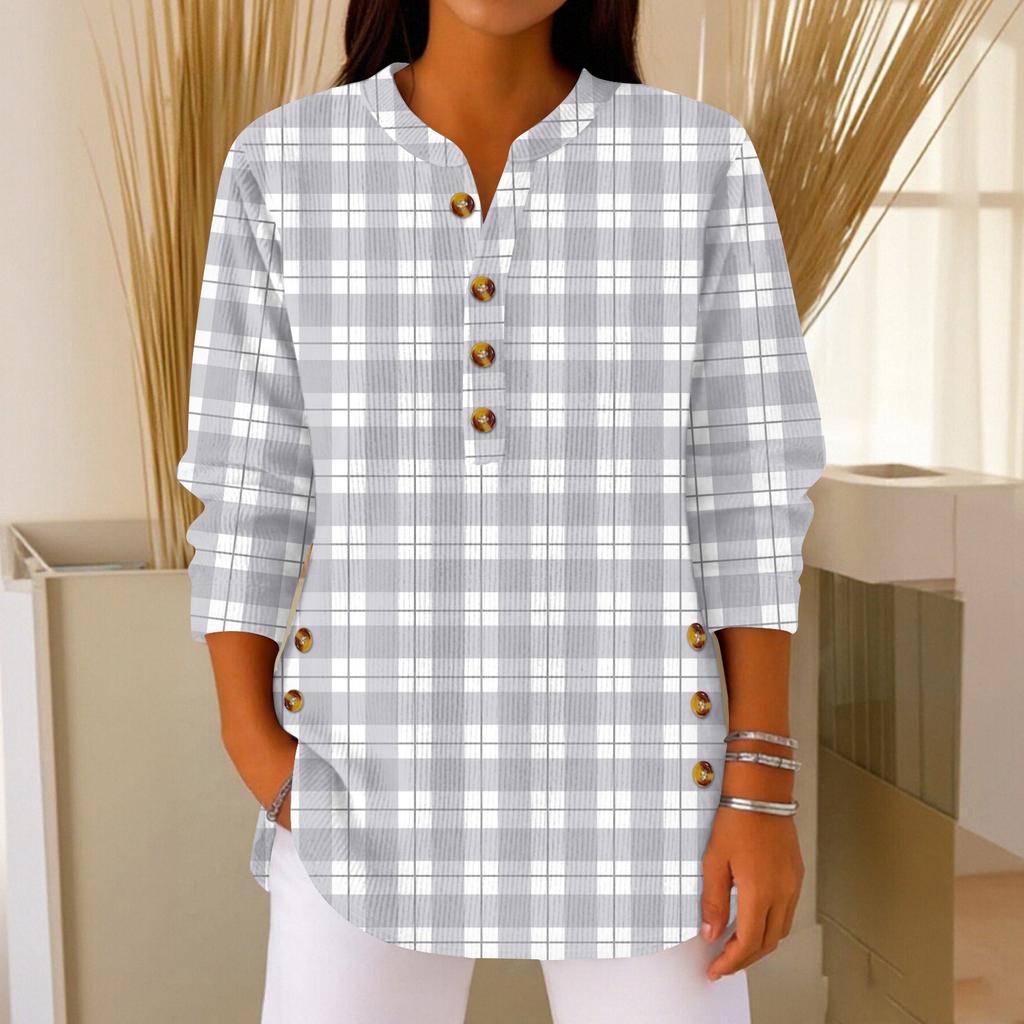 Women's Fashionable Button Collar Long-sleeved Christmas Print Pullover Top