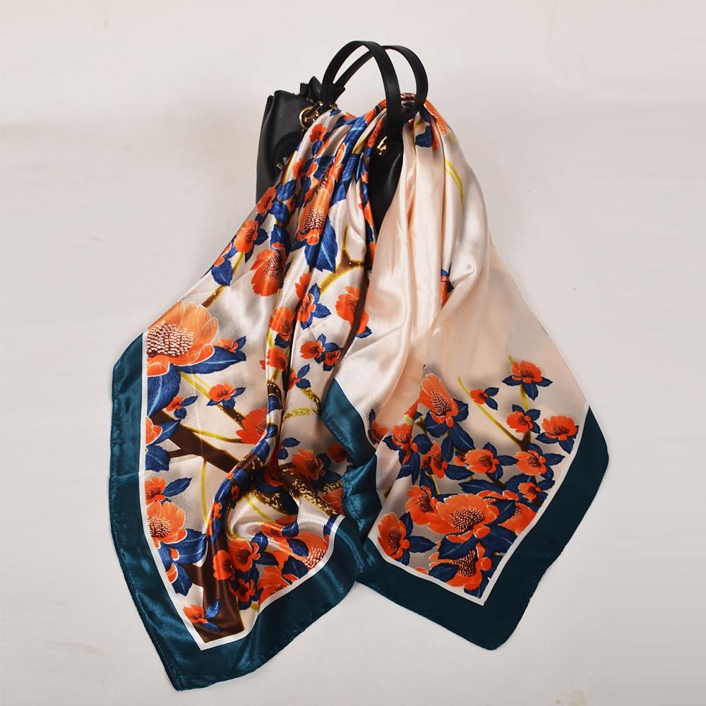 Winter Blue Red Silk Scarf Hijab Ladies Fashion Accessories Satin Square Scarves Foulard Spring Fall Head Scarves Shawls 90*90cm