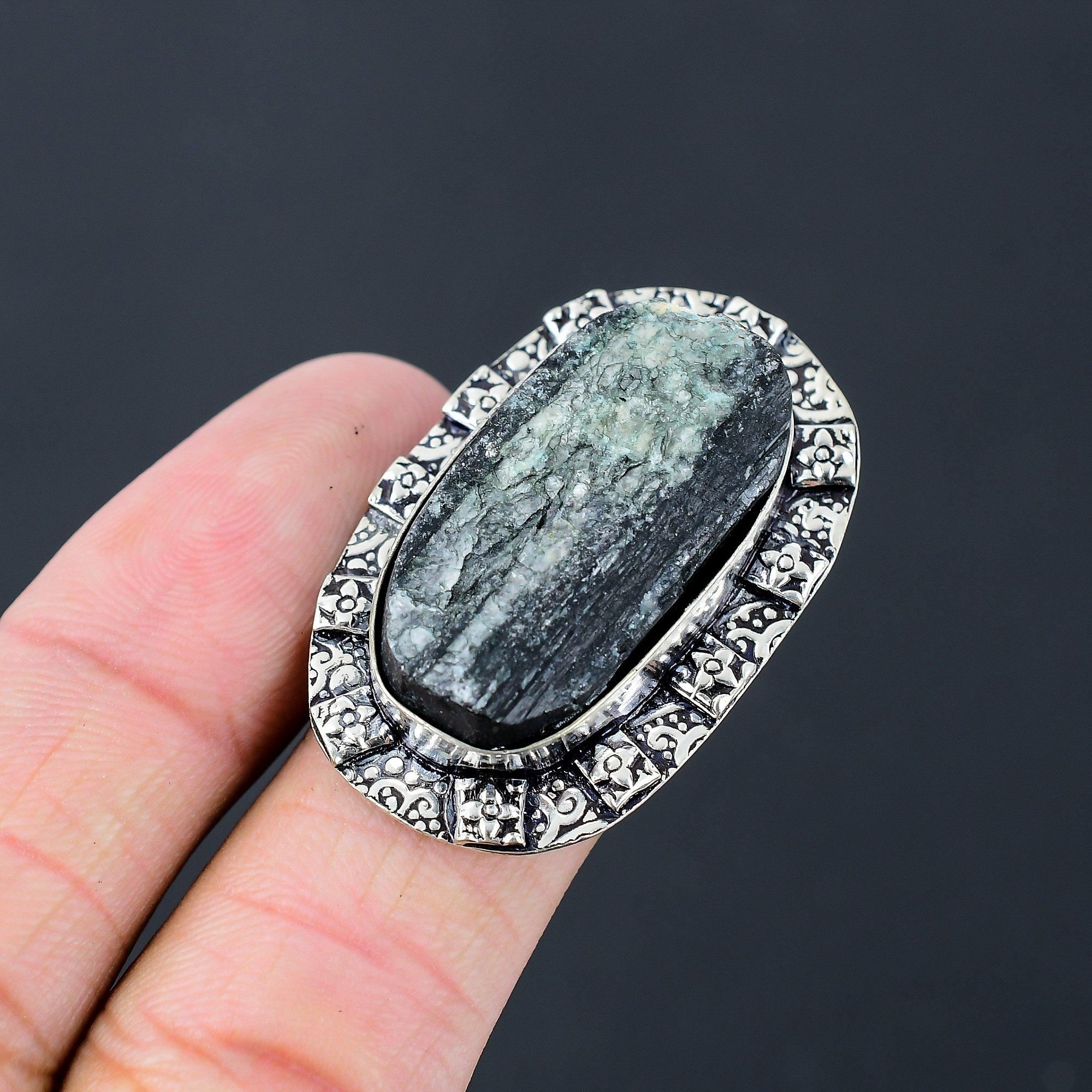 925 Silver Oval Black Tourmaline Rough Gemstone Statement New Ring Jewelry US 8 8