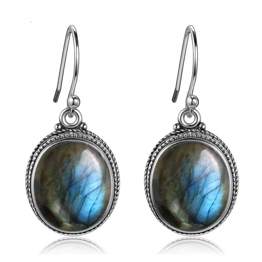 Vintage 925 Silver Natural Labradorite Earrings with Blue Light 10*12mm Big Stone Hoop Earrings Fine Jewelry for Women
