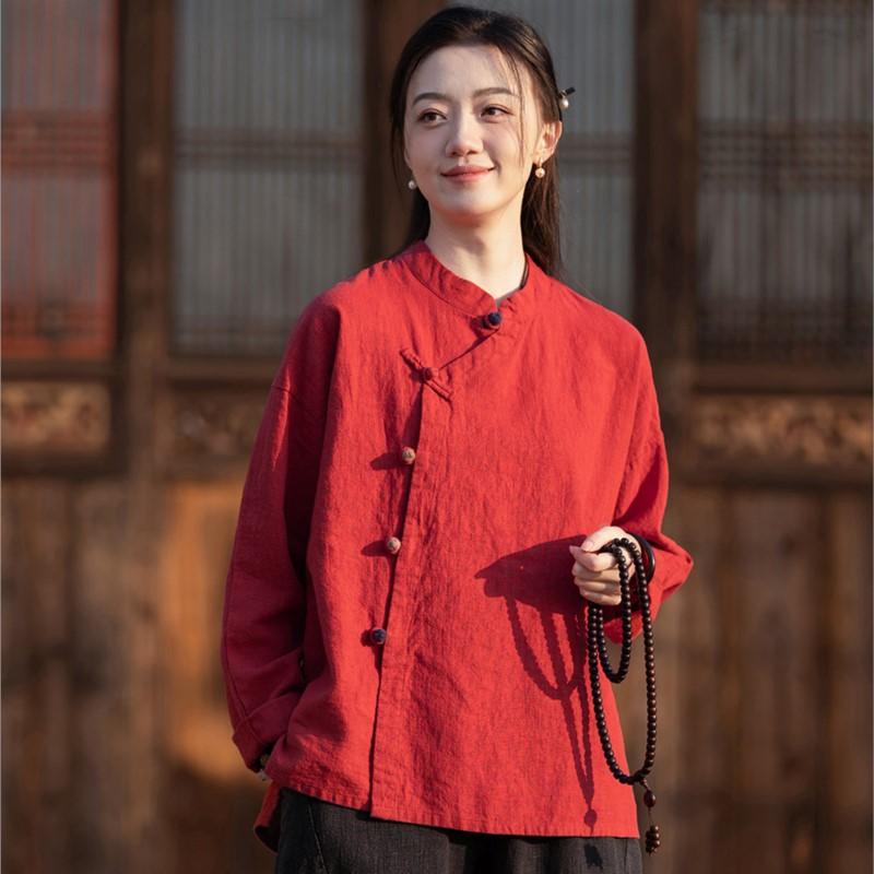 

Johnature Women Vintage Shirts Tops Stand Long Sleeve Spring Blouses Button Solid Color Chinese Style Shirts One Size