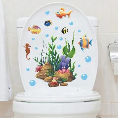 Kreslená toaletní samolepka WC Samolepicí nástěnná malba Mořské ryby Samolepka na zeď Koupelna Samolepka na víko toalety Obtisk Domácí dekorace