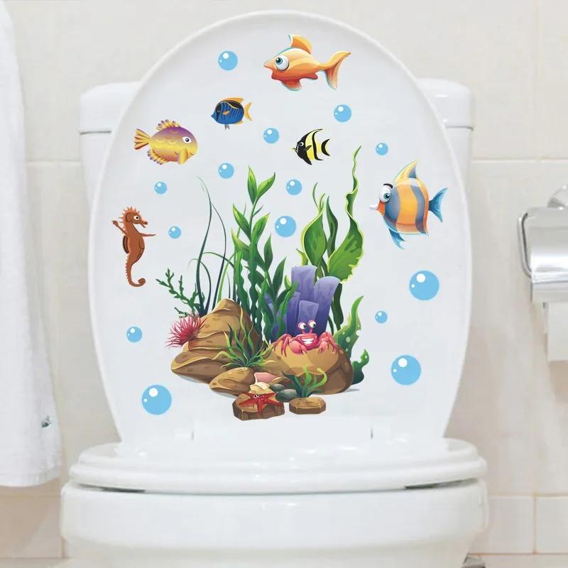Cartoon Toilet Sticker WC Self Adhesive Mural Ocean Fish Wall Sticker Bathroom Toilet Lid Sticker Decal Home Decoration