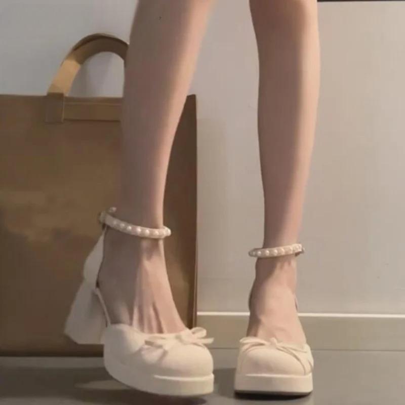 New Thick Heel Women Mary Jane Shoes Fashion Pearl Ankle Buckle Shoes Ladies Butterfly-knot Dress Pumps Shoes