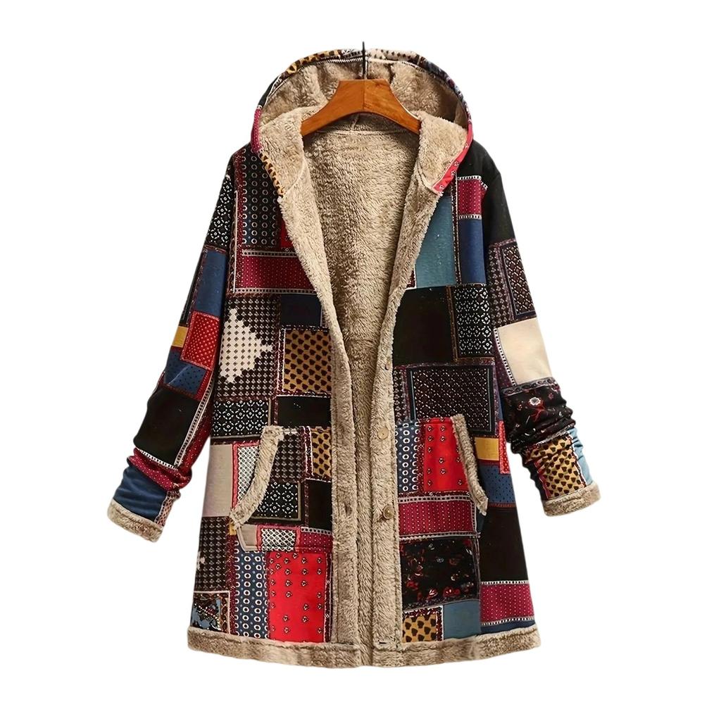 Womens Winter Button Patchwork Fleece Hooded Jacket Coat Long Sleeve Warm Liner Pocket Coat