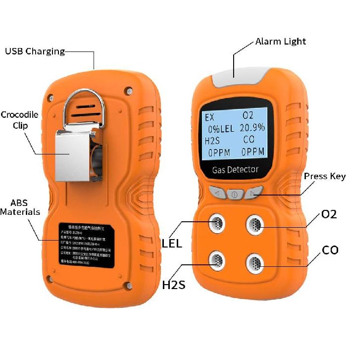 Portable Gas Detector, Gas Clip 4 Gas Monitor Meter Tester Analyzer, Rechargeable LCD Display Sound Light Shock Air Quality Tester, 2 Year