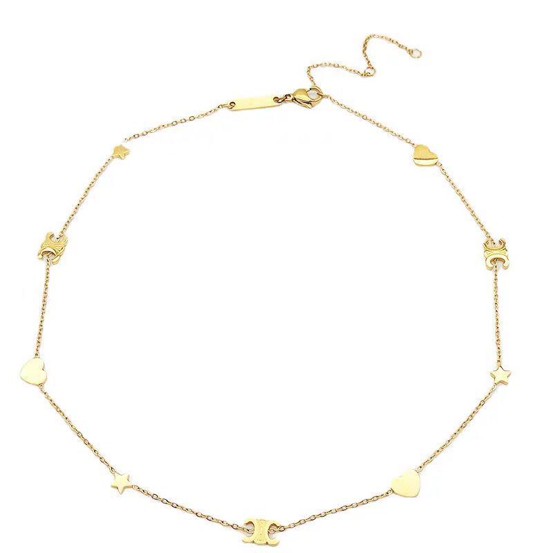 Gold Heart Star Necklace - European & American High-End Clavicle Design, Celebrity Style Titanium Steel.
