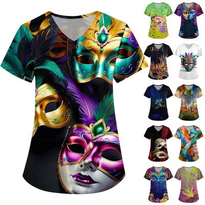 Women's  Carnival Themed Outfit Party Mask Pattern Caregiver Top