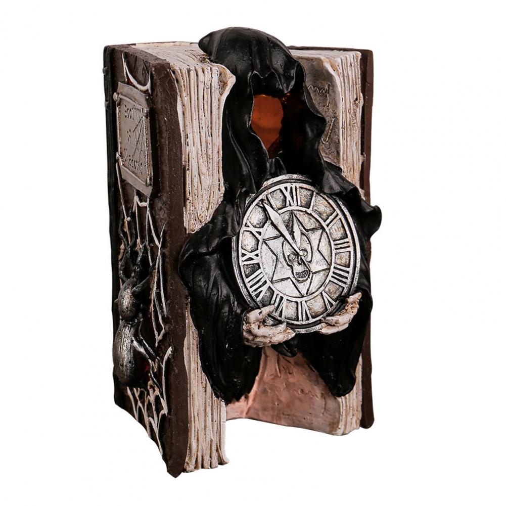 Halloween Deko Schädel Buch Statue mit Sensenmann Spinnennetz Figur für Halloween Heimdeko Gruseliger Harzschädel Tischdeko