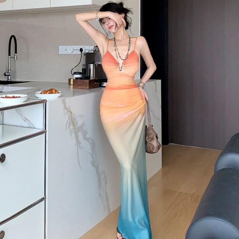 

Slightly Spicy Without Ice Holiday Seaside Vacation Sling Dress Women s Mesh Gradient Color Figure-fitting Sunset Long S
