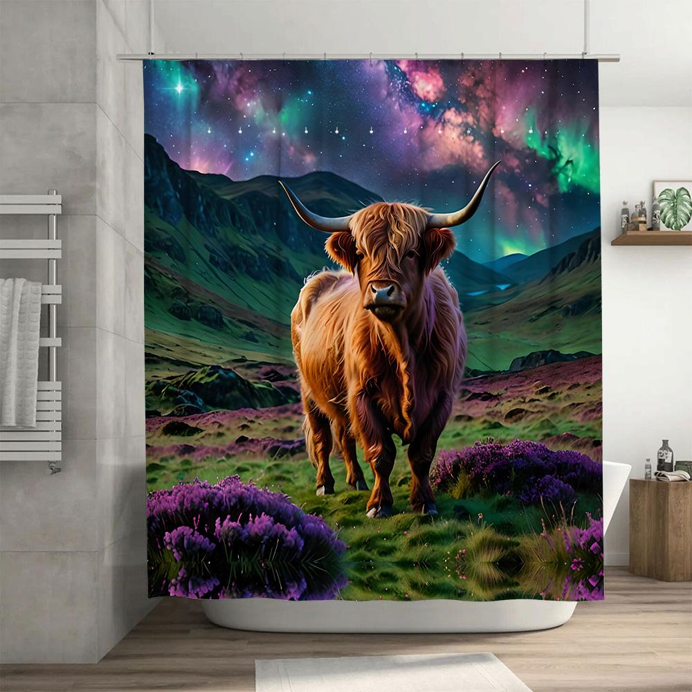 Highland Cow Shower Curtain Animal Print Home Decor with Green Mountains and Northern Lights 180 X 180cm Waterproof Fabric Moder