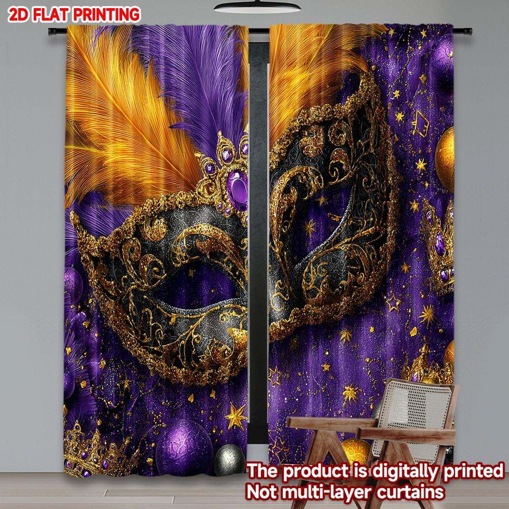 2D flat printing 2pcs Curtain Window Curtains Mardi Gras Mask and Crowns Digital Printed Polyester Drapes Family Party