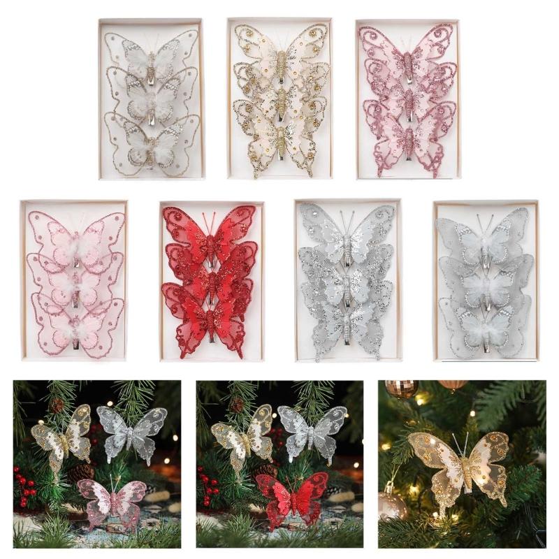 Set of 3 Elegant Butterfly Christmas Ornament Festival Butterfly Hanging Ornament for Christmas Tree Decoration