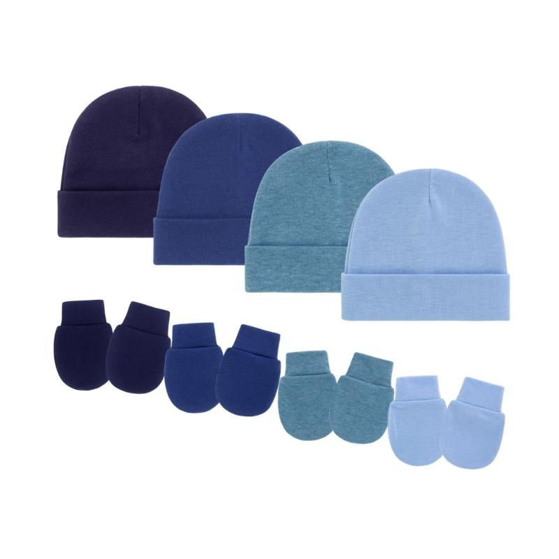 4 Set Baby Bonnet Cap Feature Foldable Edge with Mittens Cotton Fabric Gentle On Sensitive Skin Multiple Color Available