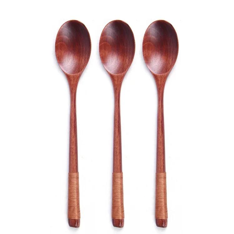 3Pcs Handmade Wooden Spoon Wrapped Wire Large Dessert Rice Soup Spoon Long Handled Kids Spoon Wood Kitchen Tool