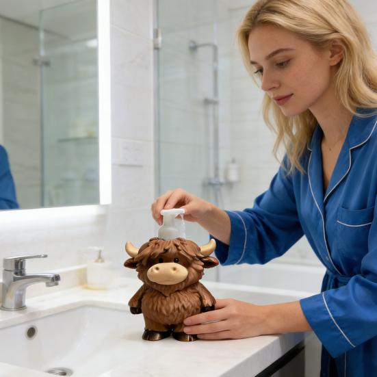 Seifenspender Highland Kuh Figur Handgefertigtes Design Seifenpumpe Auslaufsicher Badezimmer Küche Lotion Flasche
