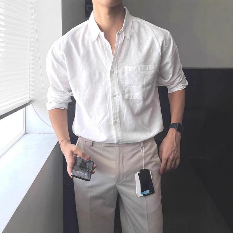 Men s Linen Blend White Long Sleeve Shirt - Casual Turn Down Collar Button Down with Chest Pocket M белый