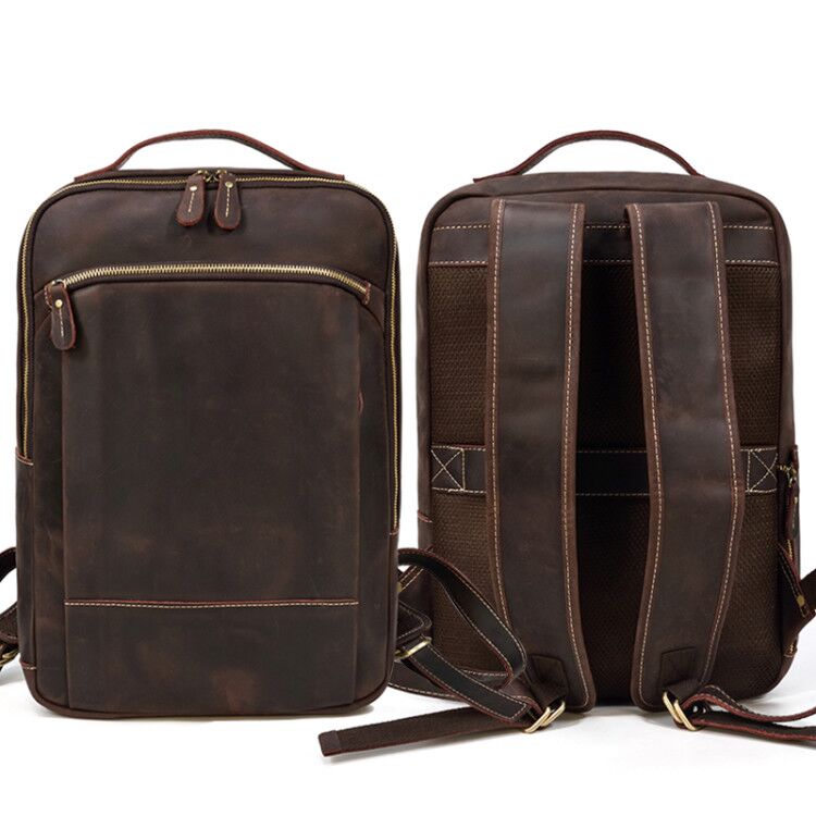Vintage Travel Backpack leather double zipper bagpack male crazy horse leather backpack handmade leather travel bag men bag