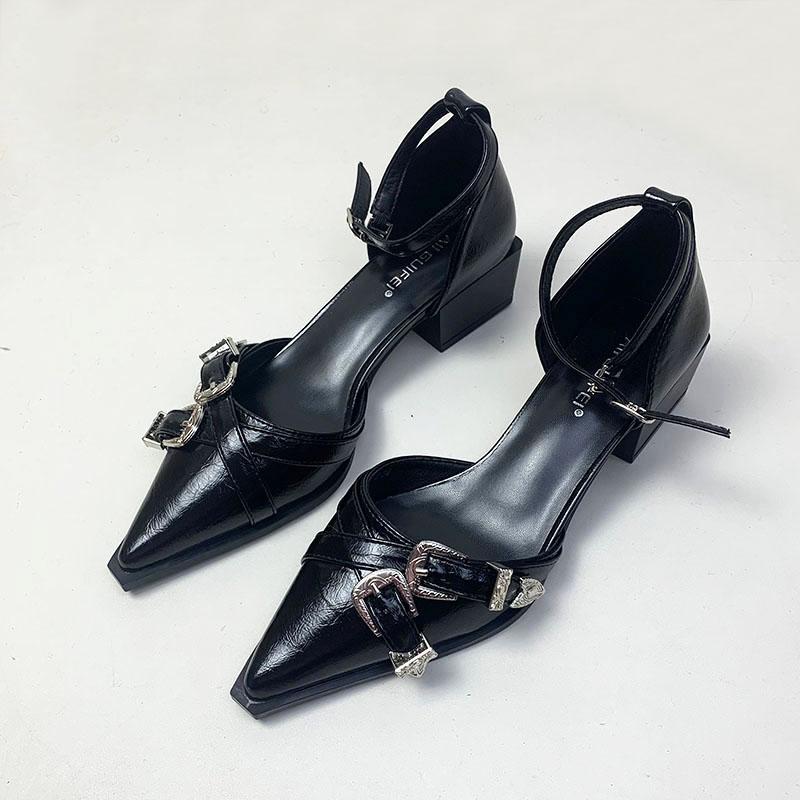 Fashion Footwear Ankle Strap Pumps Ladies Medium Heels Shoes Shallow Female Buckle Fashion Pointed Toe Women Square Heels Shoes