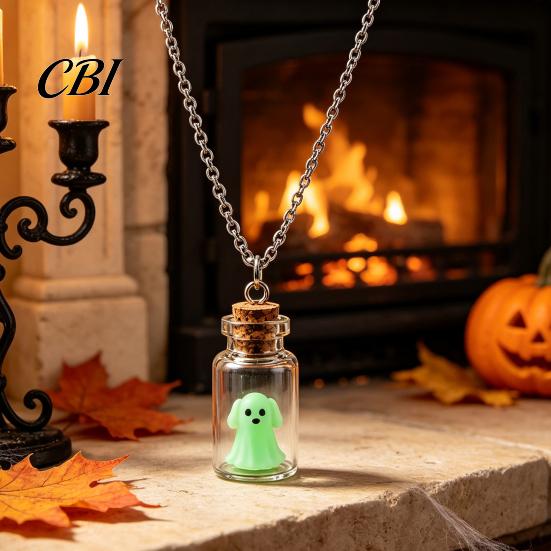 Halloween Party Decoration Ghost in Bottle Necklace, Glow The Dark Cute College Style Necklace Charm Jewelry, Adopt A Ghost/Cat/Dog Pendant