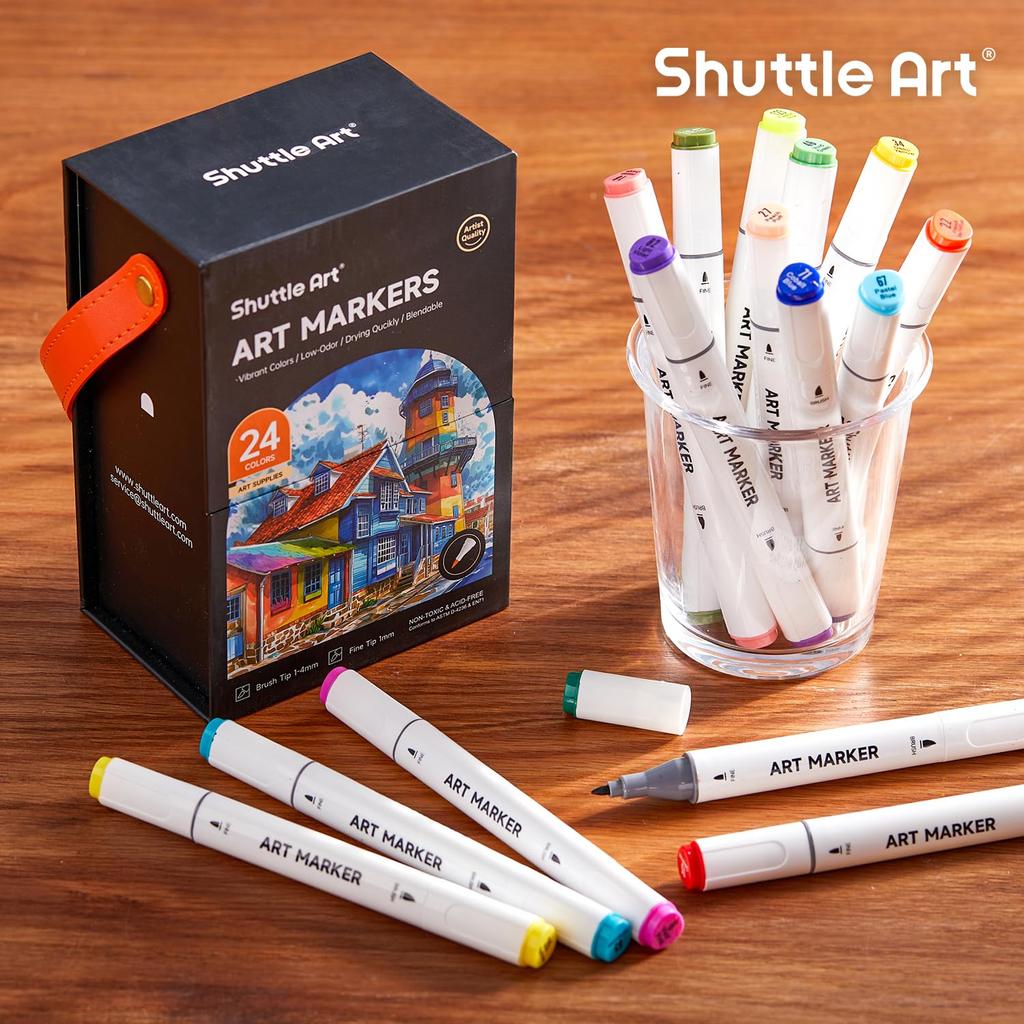 Shuttle Art Illustration Alcohol Twin Tip with Carrying Perfect for Coloring Art Adults Gift Markers, 24-Color Set, Brush-Type Markers, (Fine Tip),