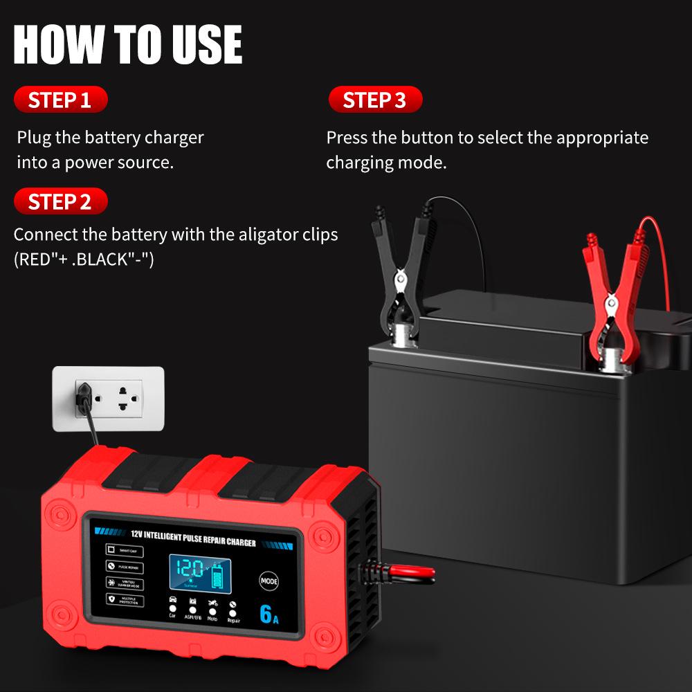 Smart 12V 6A Car & Motorcycle Charger, Repair & Low Voltage Start Function