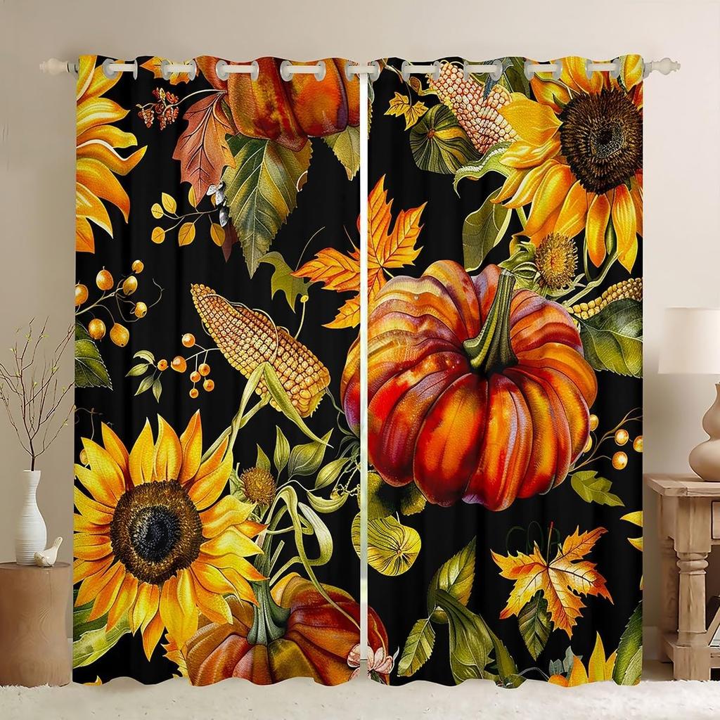 Herbst Kürbis Gardinen Vorhänge Halloween Thema Vorhänge Schlafzimmer Wohnzimmer Ahornblätter Festival Fensterdekorationen Polyester Waschbar Sitzfertig