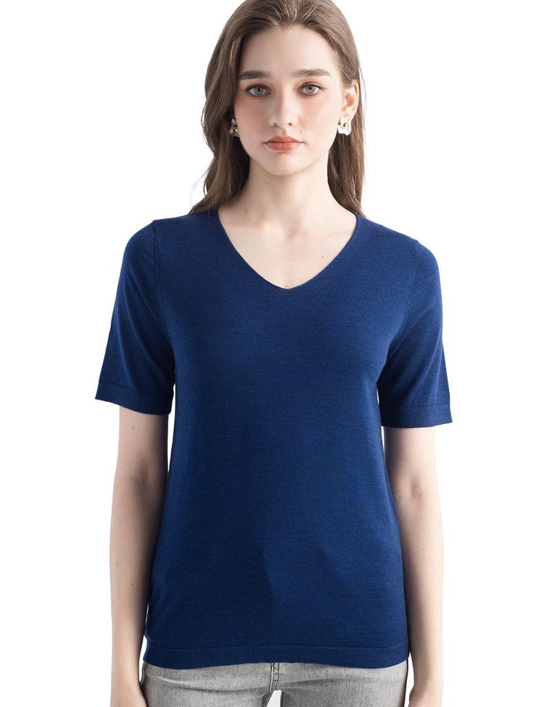 Women's Slim Fit Wool V-Neck Short Sleeve Basic T-Shirt
