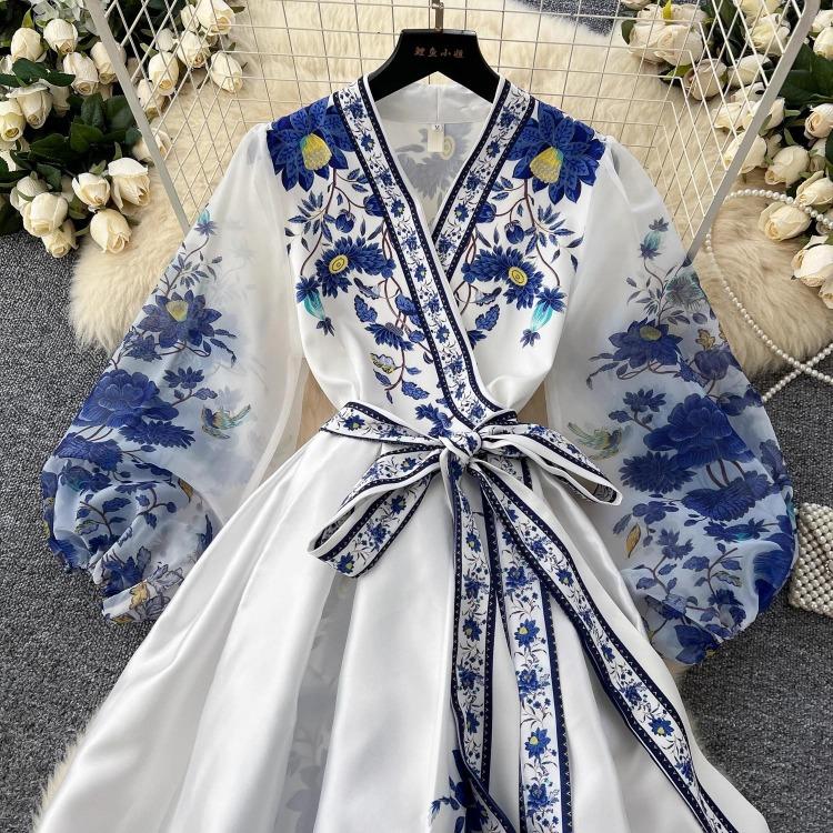 Vestido de Fiesta Boho para Mujer Impresión Floral Preciosa Gasa Manga de Farol Cierre de Cordones Cruzado Cuello en V Empalme de Banda de Satén