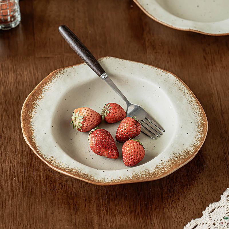 Coarse Pottery Straw Hat Plate Retro Style Ceramic Plate Household Tableware Vegetable Plate Pasta Plate Lace Fruit Salad Plate