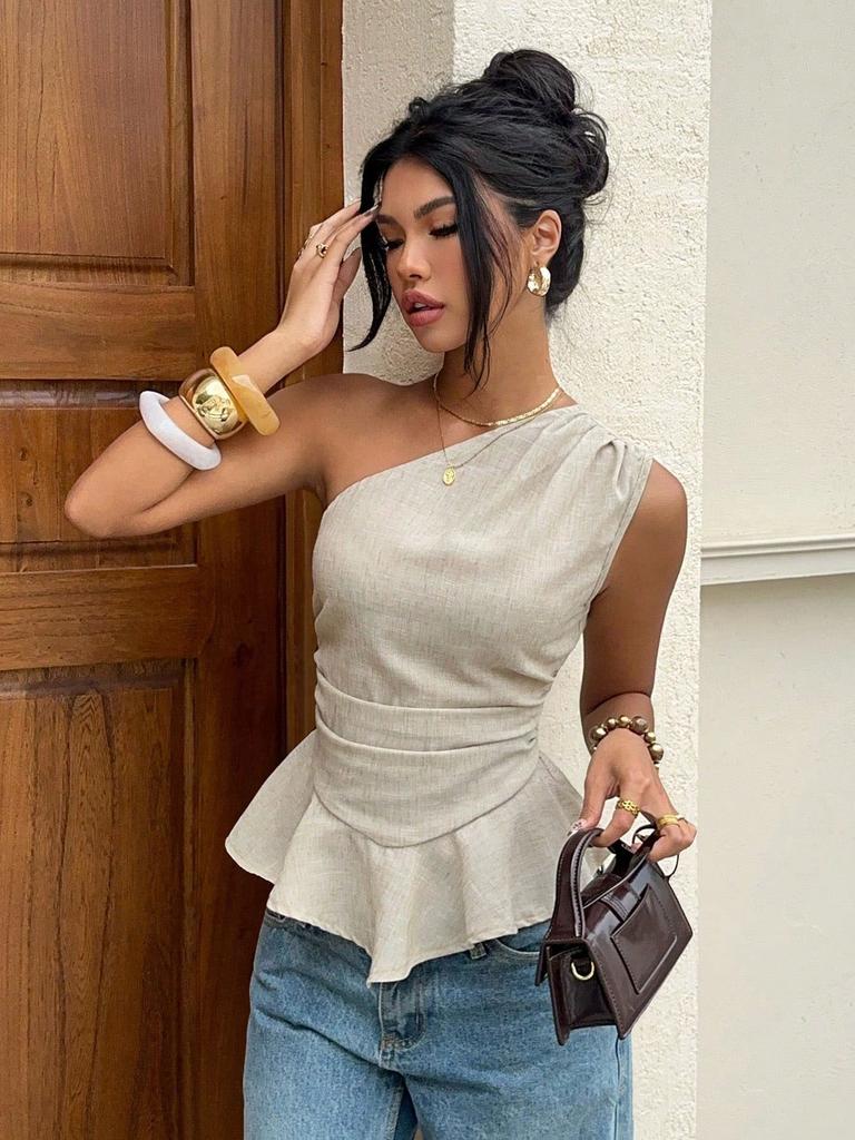 Women's Temperament Commuter Single Shoulder Pleated Waist Lotus Leaf Pendulum Top Slim and Thin Sleeveless Vest