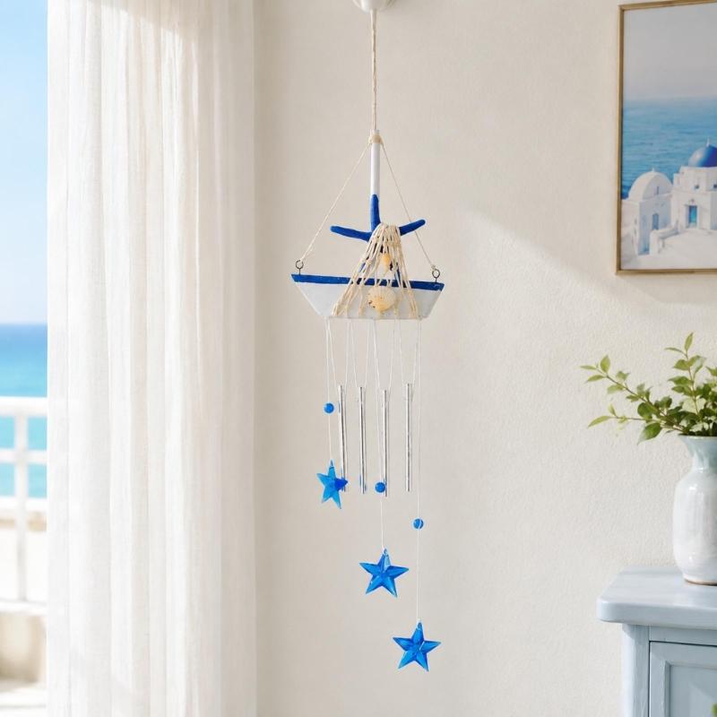Coastal Wind Chimes with Blue and White Sailboats, Carving and Painted Detail, and Metal Tube, Star Pendants for Entryway Decors