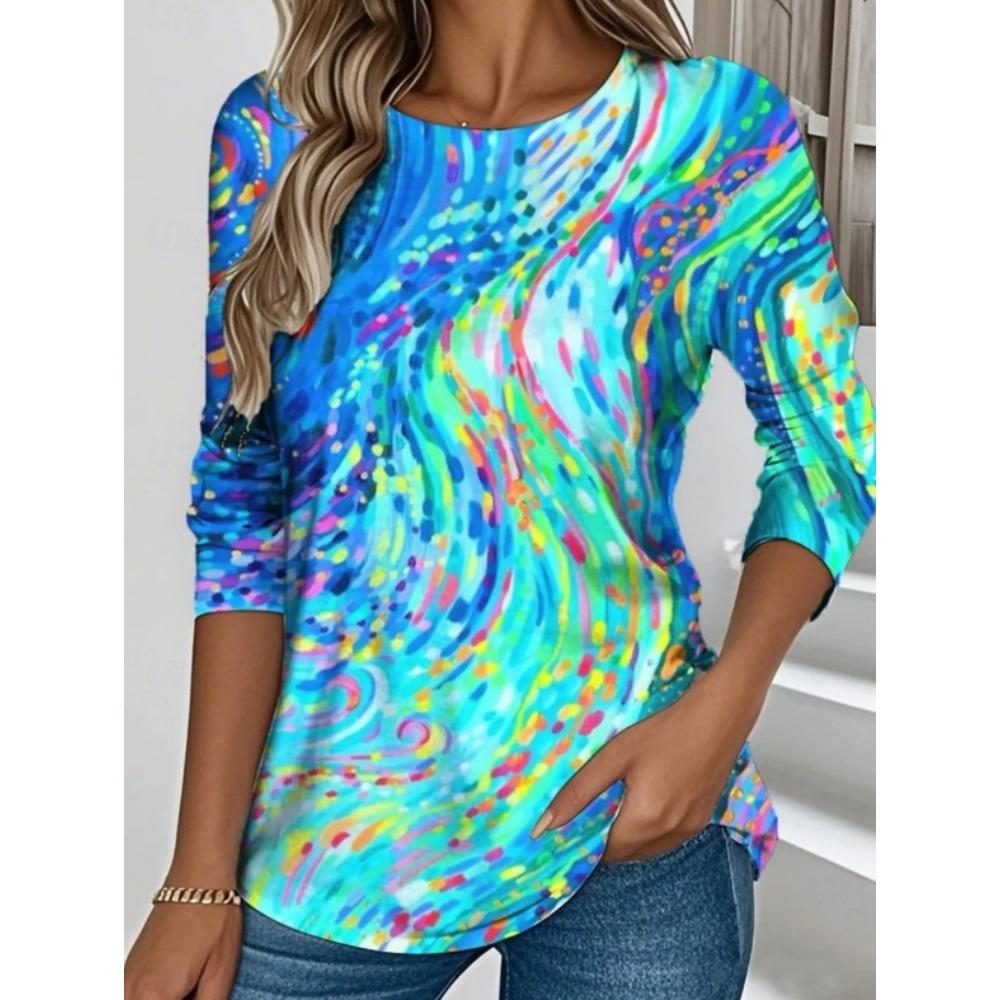Tops for Women Distressed Floral Print Round Neck Long Sleeve T-shirt Fall Casual Slim Pullover Women's Long Sleeve Top