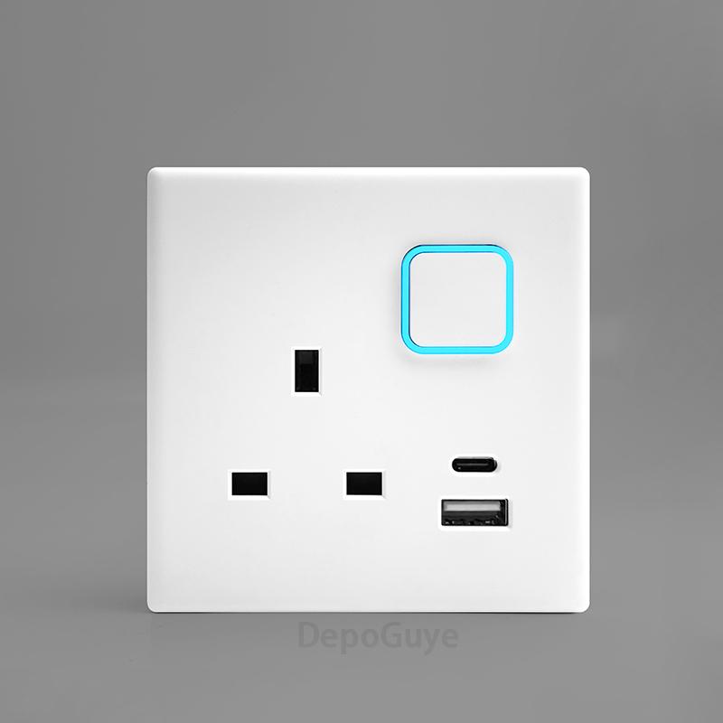 White 1 2 3 4 Gang Button Light Switch Panel Blue LED Indicator,UK Standard Wall Socket Universal Dual 3Pin USB C Power Outlet