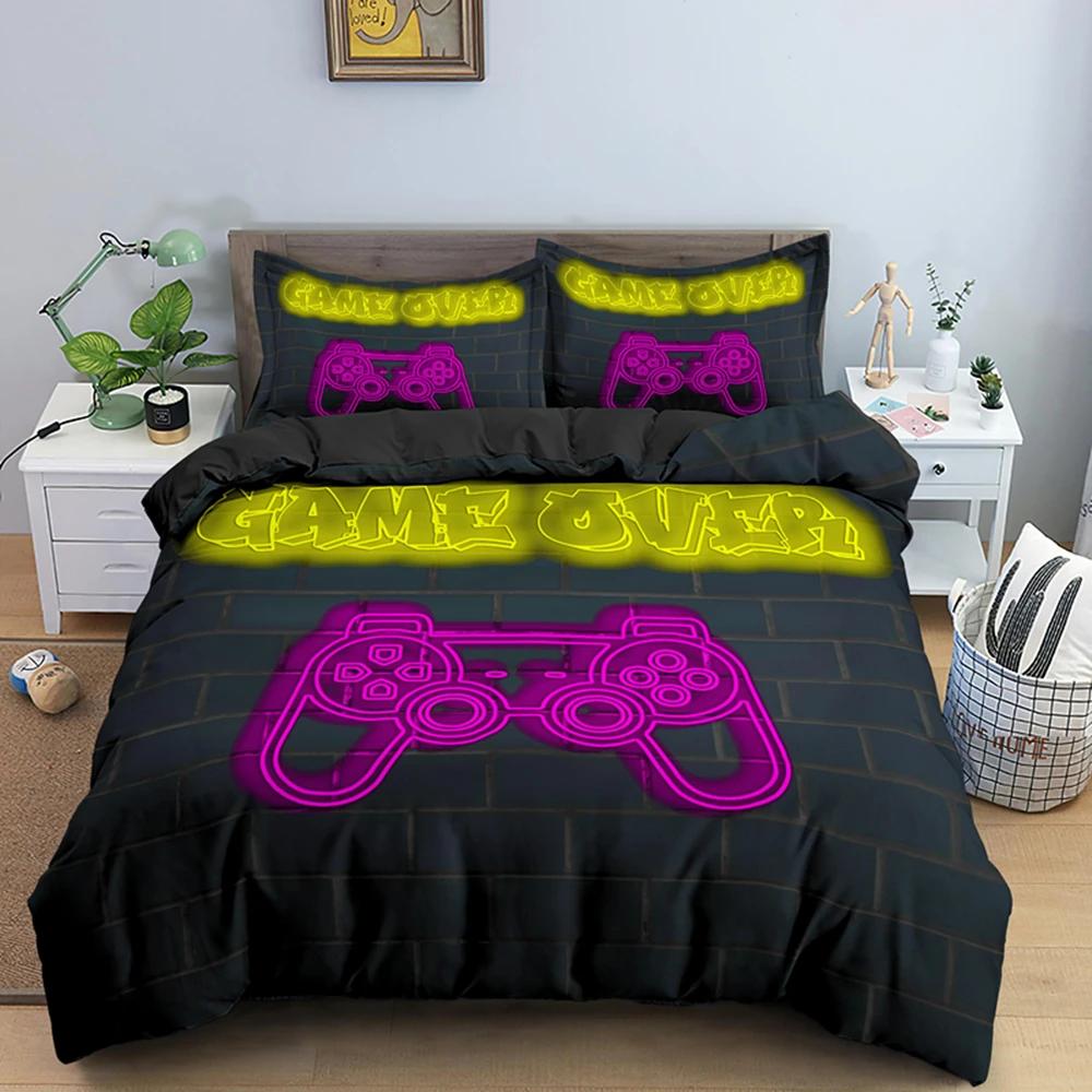 Gaming Gamer Duvet Cover Set Gamepad Bedding Set,Video Game Comforter Cover Neon Gamepad Geometry Brick Wall Design Quilt Cover
