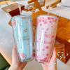 Fashion Cherry Blossom Plastic Straw Water Bottle For Girls Double Layer Anti-scald Cold Drink Cups Large Capacity Tumbler Cup