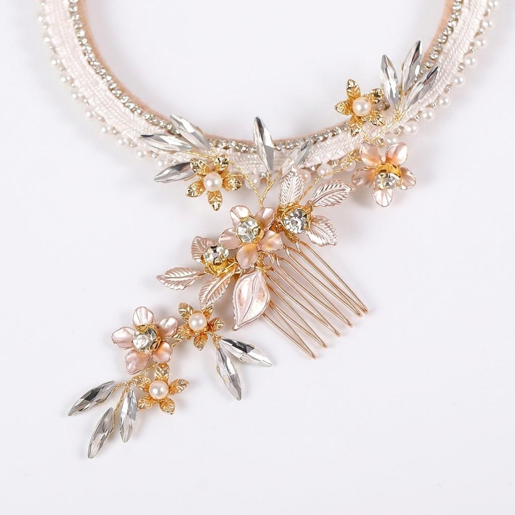 Pearl Leaf Hair Comb Alloy Base With Hand-made Decoration For Wedding